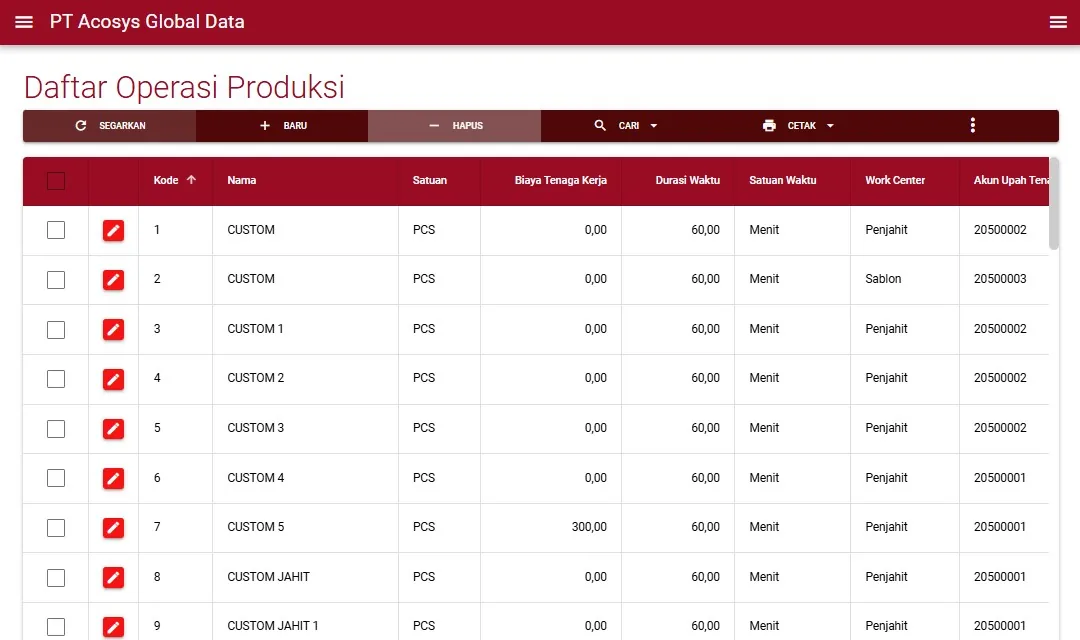 Tangkapan layar Acosys — Proses Produksi