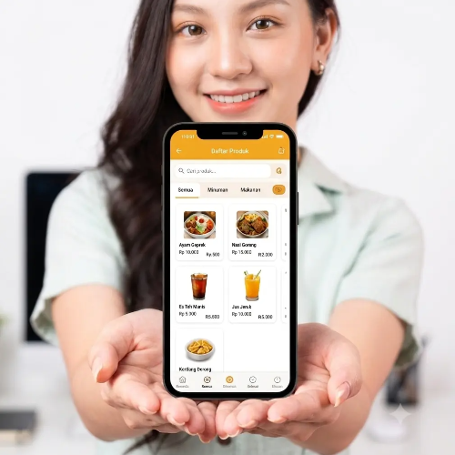 Pengguna menunjukkan laporan Acosys Cloud di smartphone