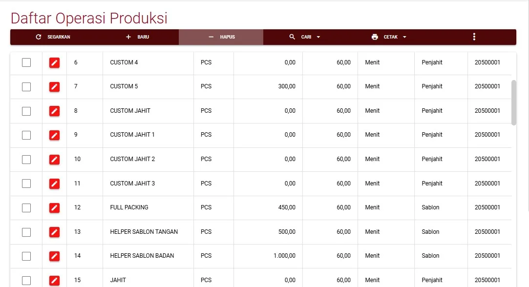 Tangkapan layar Acosys — Order Produksi