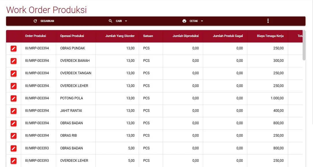 Tangkapan layar Acosys — Work Order Produksi