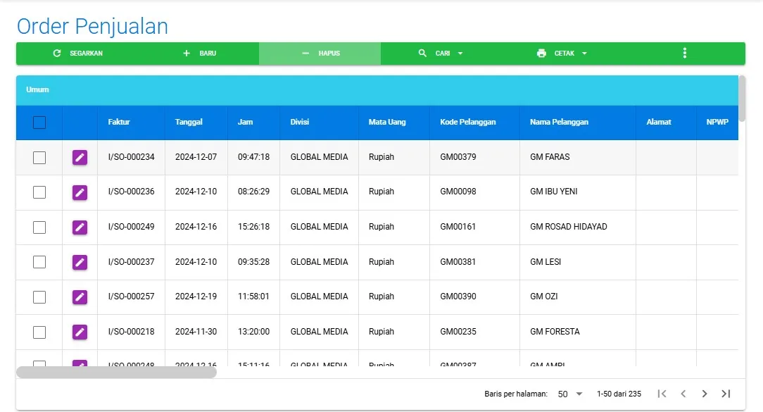 Tangkapan layar Acosys — Order Penjualan
