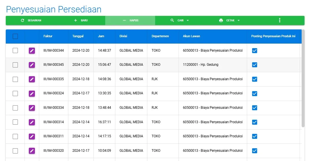 Tangkapan layar Acosys — Histori HPP