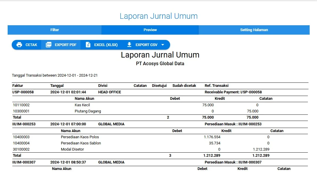 Tangkapan layar Acosys — Jurnal Umum