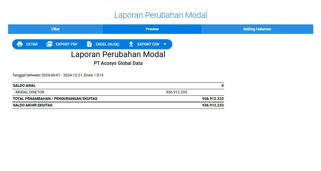 Tangkapan layar Acosys — Perubahan Ekuitas