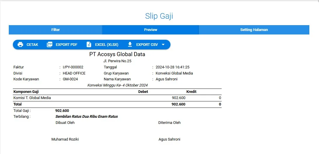 Tangkapan layar Acosys — Slip Gaji